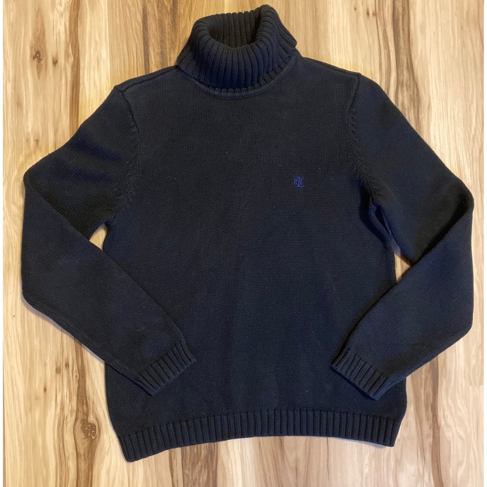 Vintage Lauren Ralph Lauren Black Cotton Turtleneck Sweater RLL Logo Knit Size L